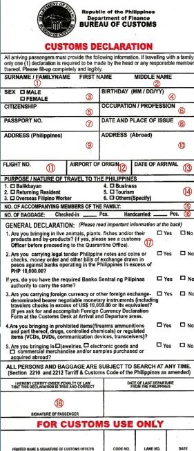 フィリピン税関申告書の書き方